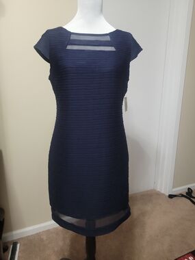 Women's Navy Sheath Dress with Mesh Insets